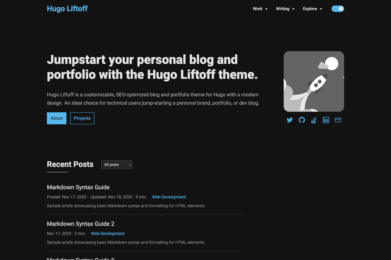 A screenshot of the Hugo Liftoff theme home page